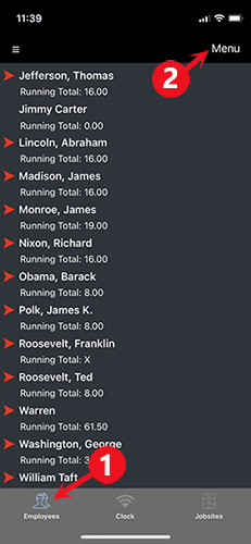 Tap the employee's name, then 'Menu'